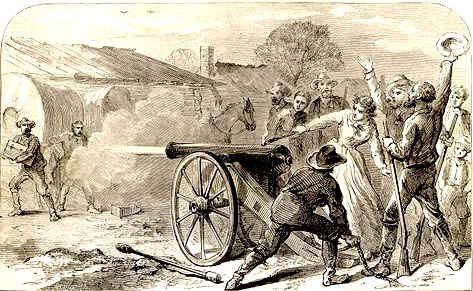 Photo of  Angelina firing a cannon to alert Austin citizens that the archives were being moved